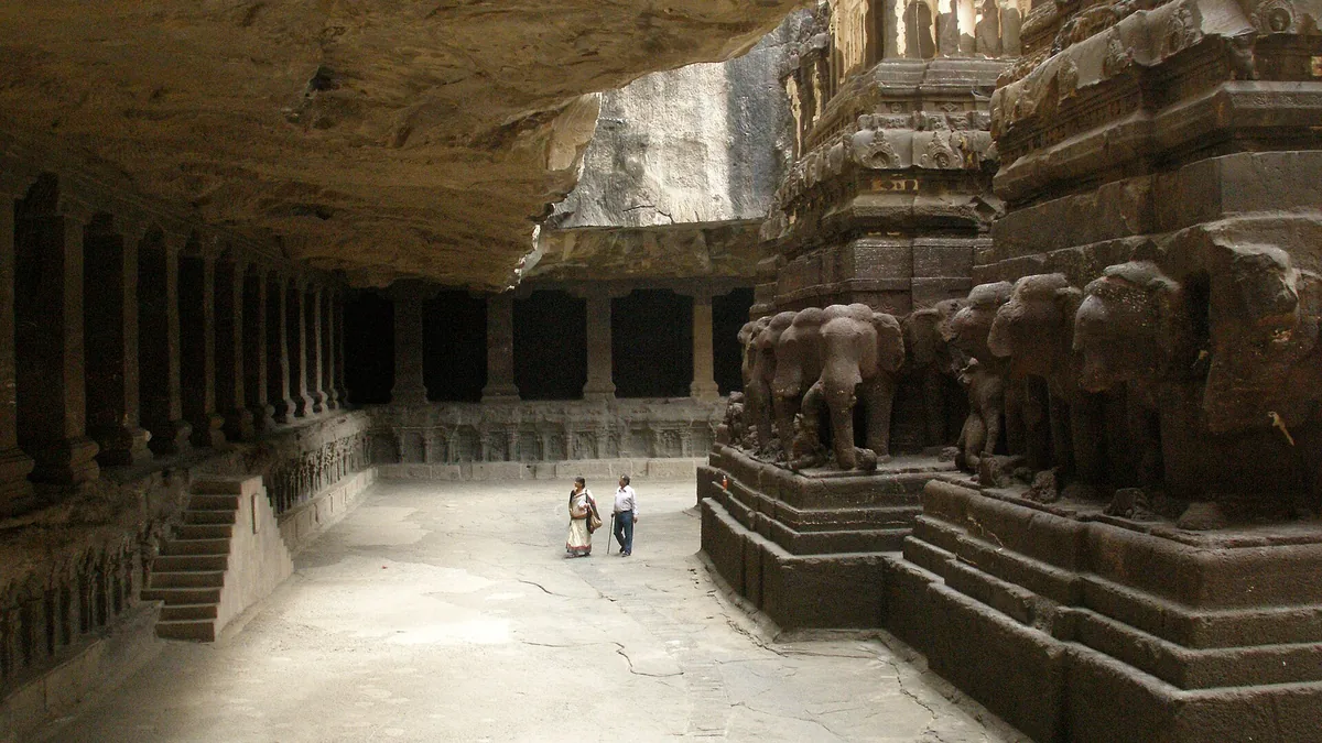 The rock-cut Kailasa temple courtyard at Ellora